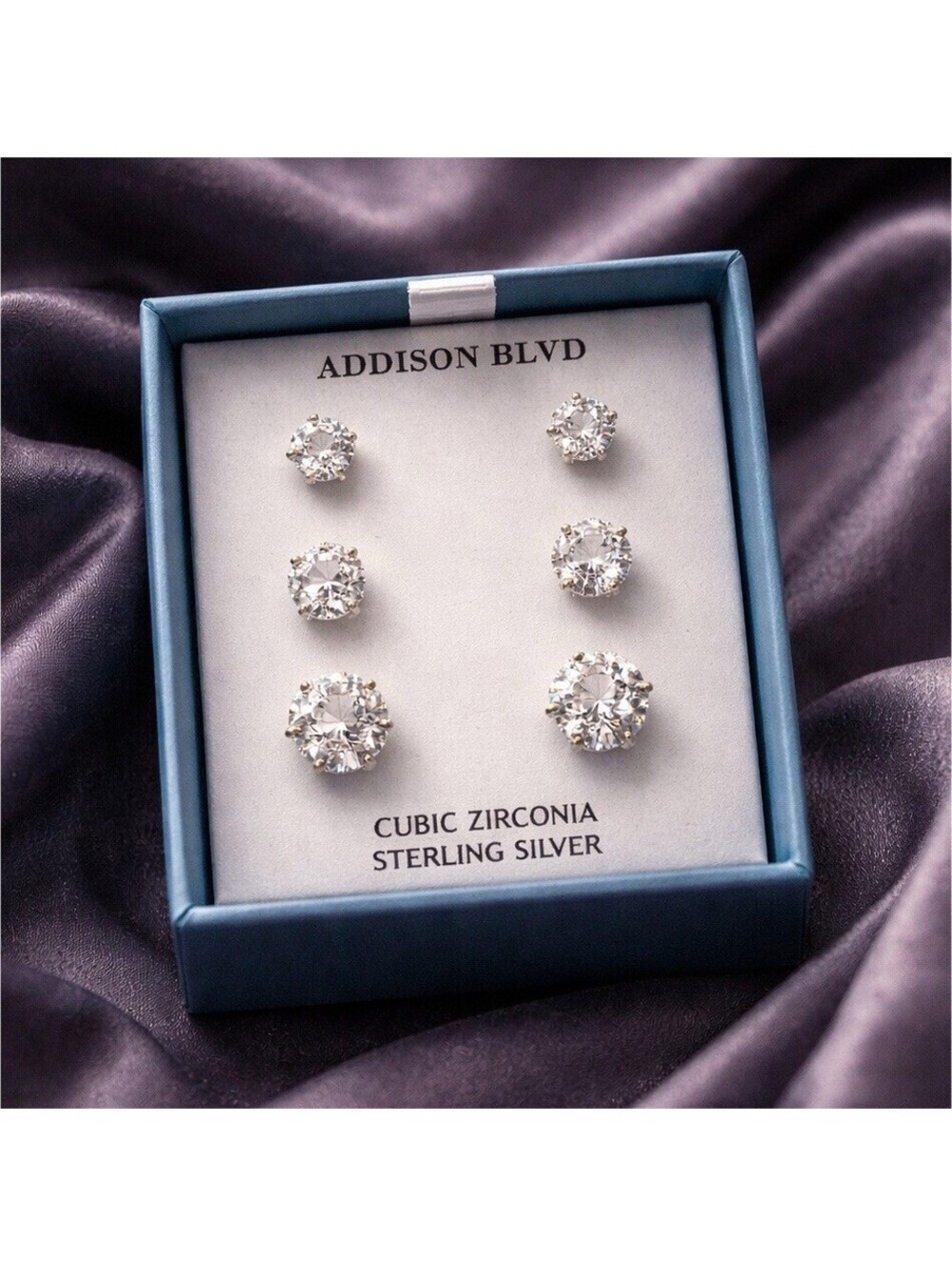 ADDISON BLVD 925 Sterling Silver CZ Stud Earrings 3 Pair Gift Set NWT